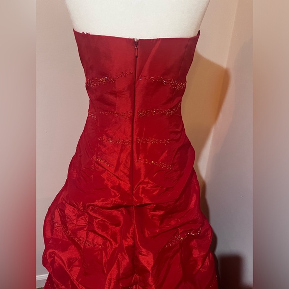 Red Beaded Strapless Prom Dress - Picture 3 of 7